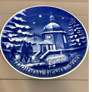 Vintage German Porcelain Plate Stille Nacht Kapelle Oberndorf Blue White 1970